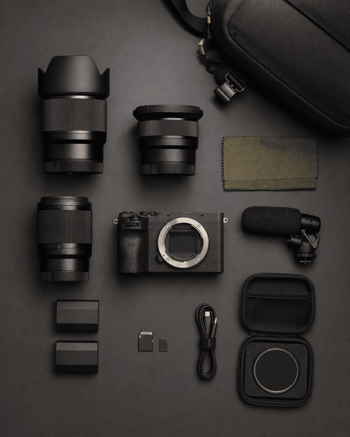 Professional camera equipment arranged as a kit