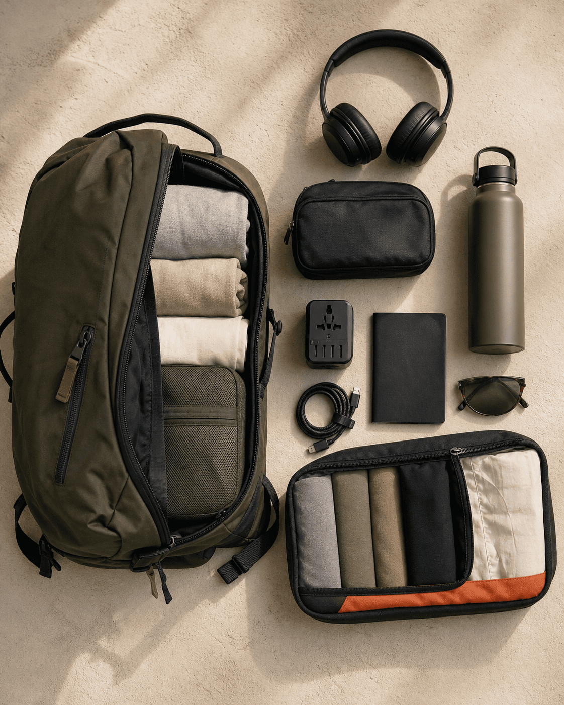One-bag travel essentials arranged for packing